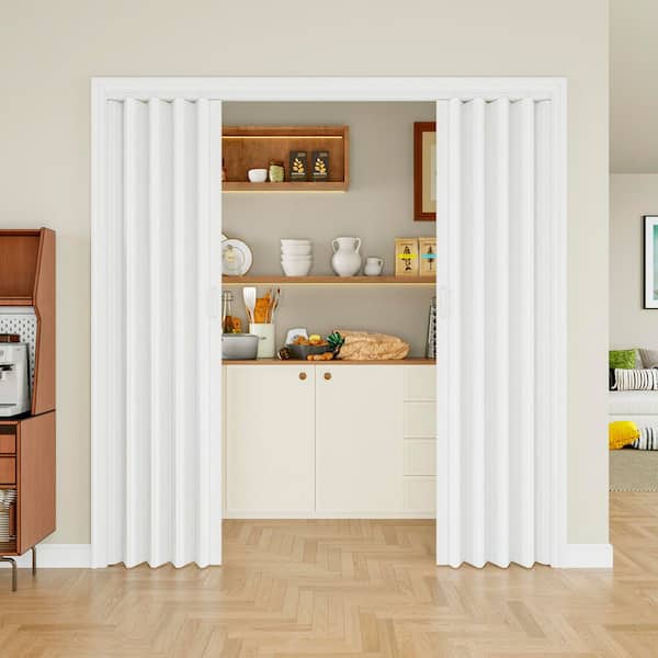 72 in. x 80 in. White Vinyl PVC Double Layer Accordion Door, Interior Folding Doors with Installation Hardware