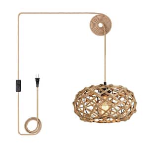 1-Light Boho Pendant Light Plug-in Rustic Hand-Woven Hemp Rope Cage Basket Hanging Lamp Wicker Retro Light Fixtures