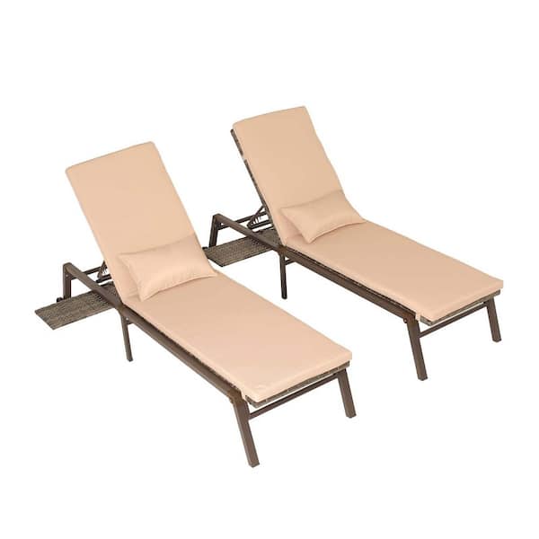 Unbranded 2-Pieces Gray PE Wicker Outdoor Chaise Lounge Folding and Adjustable Backrest Chair with Khaki Cushions