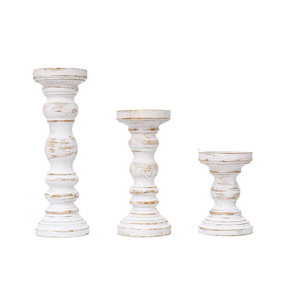 Rustic Farmhouse Wood Pillar Candle Holders 3-Piece White Set ENHD10670 ...