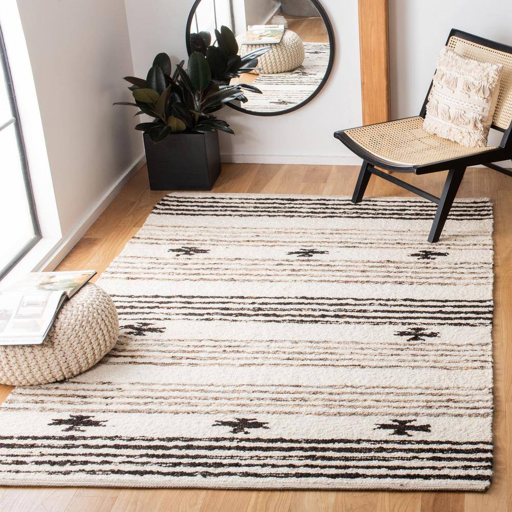 Handmade Black and Ivory Wool Cotton Striped Rug, 5' x 8'