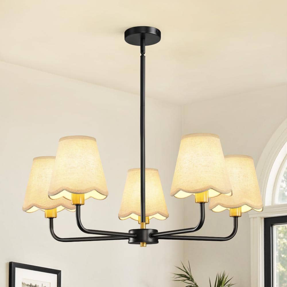 5-Light Farmhouse-Style Black and Gold Chandelier with White Fabric Shades For Bedroom, Dining Room price history on PriceWatchPro