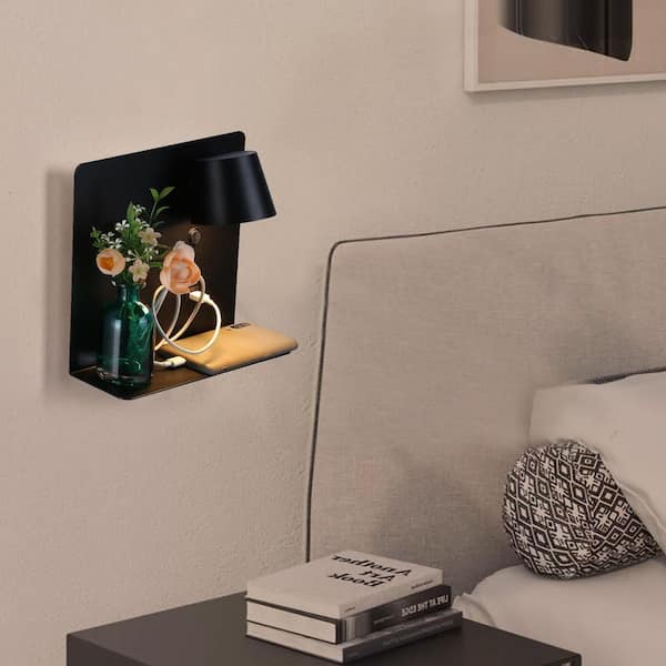 Modern 11 in. 1 Light Black LED Plug in Wall Sconces with USB Charging Port and Shelf, Rotatable Lampshade, 7W 2800K