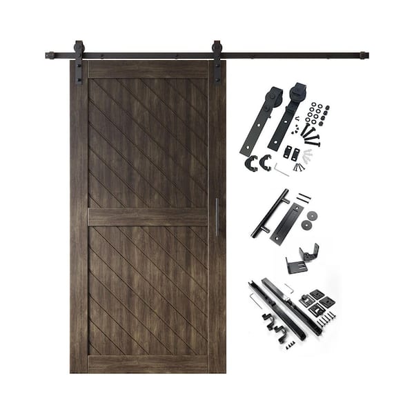 HOMACER XT2 40 in. x 80 in. C-Panel Ebony Slanted Stripe Design Solid Pine Wood Sliding Barn Door with Hardware Kit