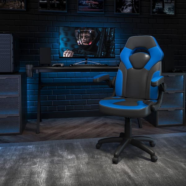 Black/Blue X10 High-Back Leather Soft Gaming Chair with Headrest and Flip-Up Arms, Ergonomic Racing Style Computer Chair
