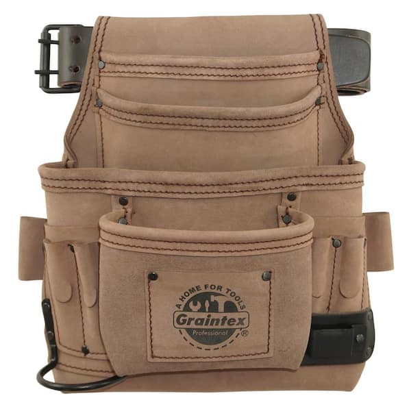 10-Pocket Top Grain Leather Beige Nail and Tool Pouch with Belt