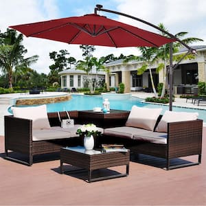 10 ft. Cantilever Hanging Solar LED Sun Shade Patio Umbrella in Burgundy with Cross Base