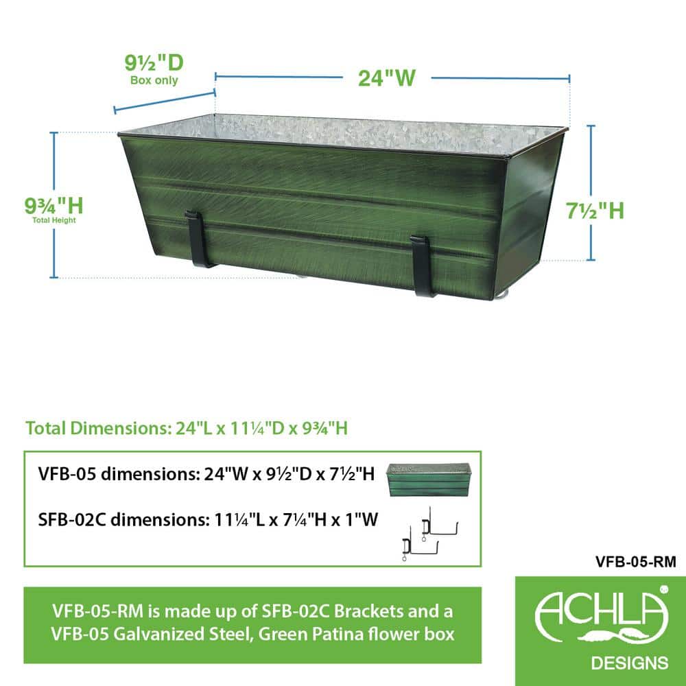 Medium Green Galvanized Steel Flower Box with Black Brackets