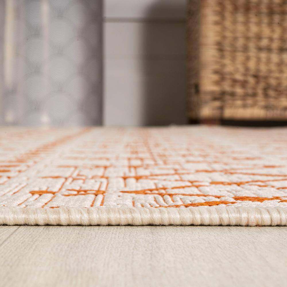 Cream and Orange Geometric Flatweave Indoor/Outdoor Rug