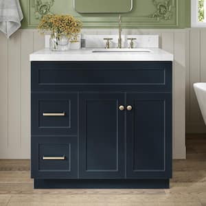 Hamlet 36.25 in. W x 22 in. D x 36 in. H Single Sink Freestanding Bath Vanity in Midnight Blue with Carrara Quartz Top