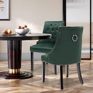 Velvet Dining Chair Green Upholstered Tufted Armless with Nailed Trim and Ring Pull