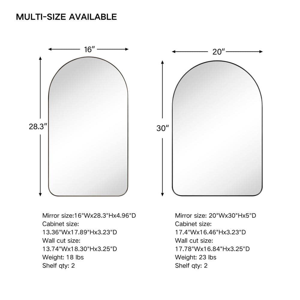 Arched Black Metal Framed Recessed Medicine Cabinet with Mirror