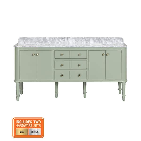 Collette 72 in. Double Sink Freestanding Bathroom Vanity in Moss Green with White Carrara Marble Top (Assembled)