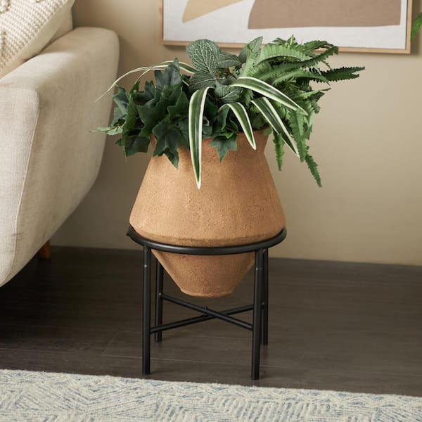 Litton Lane 20 in. Brown Wide Metal Decorative Vase with Black Stand