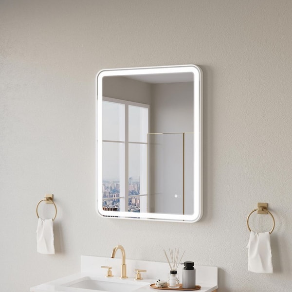 ANGELES HOME 28 in. x 36 in. Rectangular Aluminum Framed Wall Mount LED Bathroom Vanity Mirror in White, Z-Bar for Quick Installation