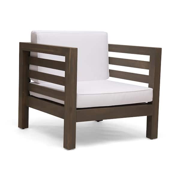 Unbranded 1-Pack Mid-century Morden Outdoor Lounge Chair Club Chair with Brown Wood Frame and CushionGuard,White Cushion