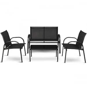 Black 4-Piece Metal Furniture Patio Conversation Set with Glass Top Coffee Table