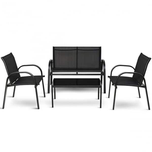 Alpulon Black 4-Piece Metal Furniture Patio Conversation Set with Glass Top Coffee Table