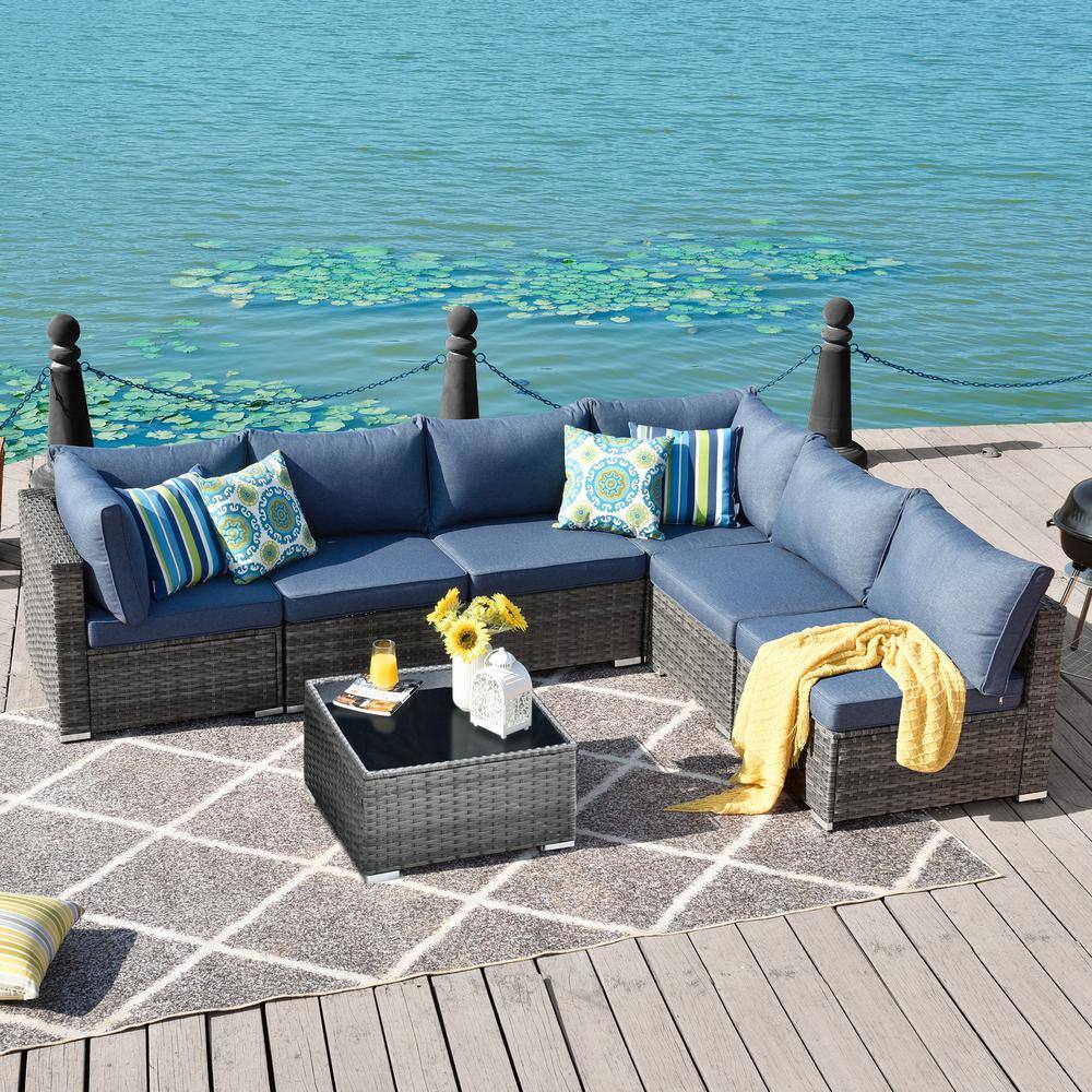 Arctic 7-Piece Wicker Outdoor Sectional Set with Blue Cushions price history on PriceWatchPro
