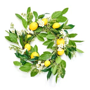 24 in. Artificial Lemon, Green Leaves and White Flowers Wreath