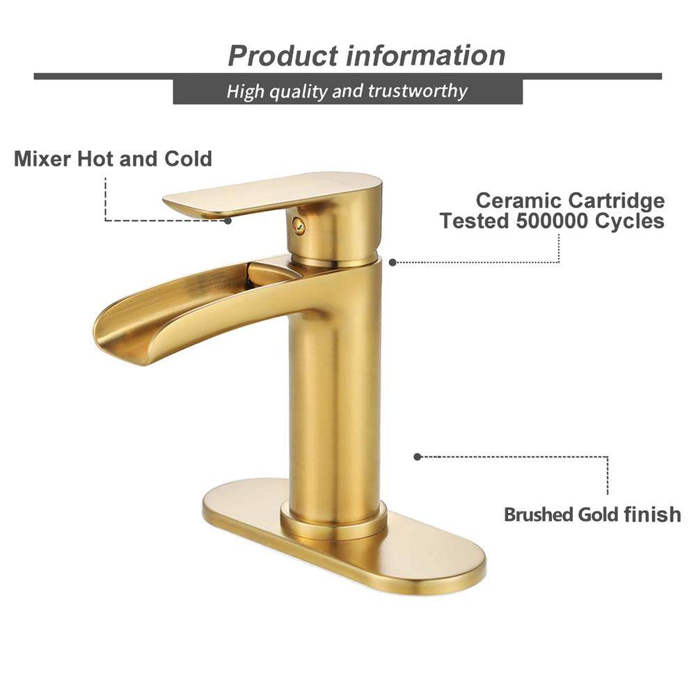 Brushed Gold Brass Waterfall Spout Single-Handle Bathroom Faucet