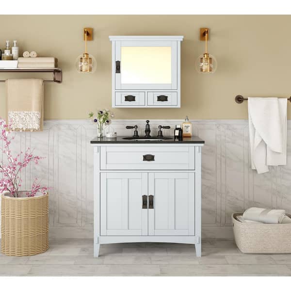 Home Decorators Collection Artisan 33 in. W x 21 in. D x 35 in. H Single Sink Freestanding Bath Vanity in White with Black Marble Top