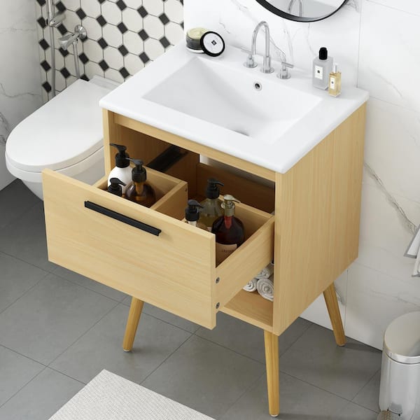 24 in. W x 18 in. D x 34.4 in. H Single Sink Freestanding Bath Vanity in Natural with White Ceramic Top and Drawer