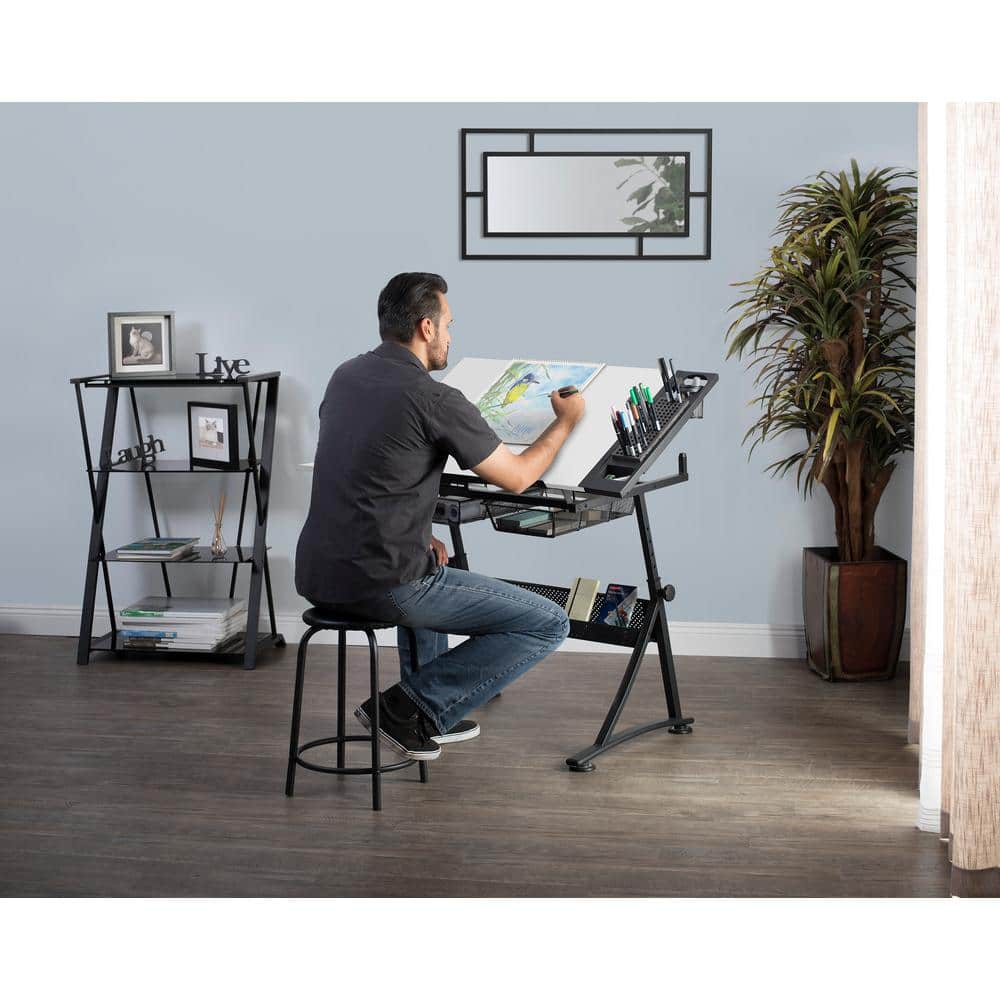 Adjustable White Metal Drafting Table with Storage Drawers