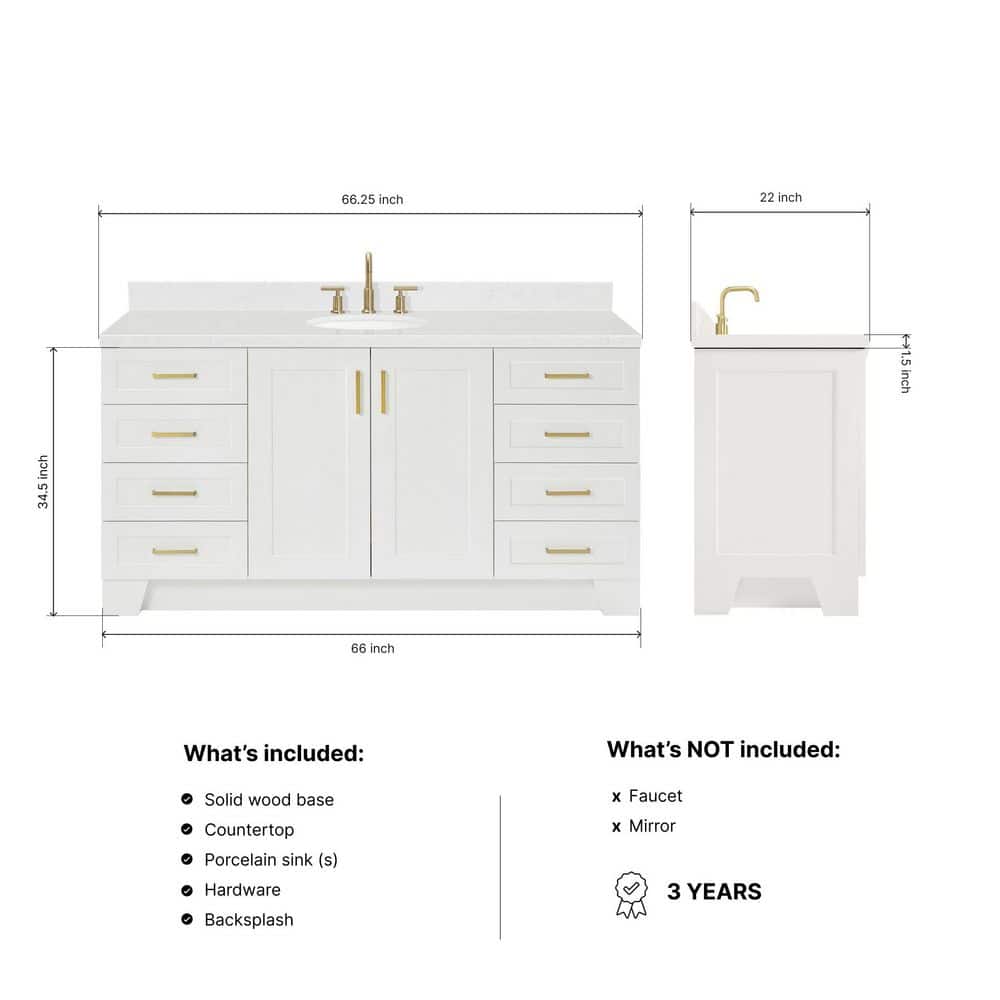 Taylor 66" White Freestanding Single Basin Vanity with Gold Hardware