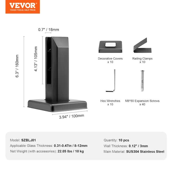 VEVOR Glass Clamp 10 pcs 6.3 in. H x 3.94 in. W Black Stainless Steel Stair Railing Kit Railing Bracket for 0.31 to 0.47 in.