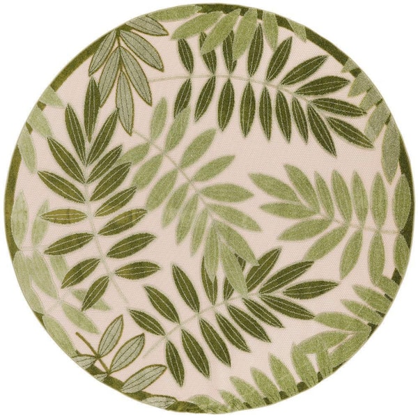 Nourison Aloha Ivory Green 5 ft. x 5 ft. Floral Contemporary Indoor/Outdoor Round Area Rug