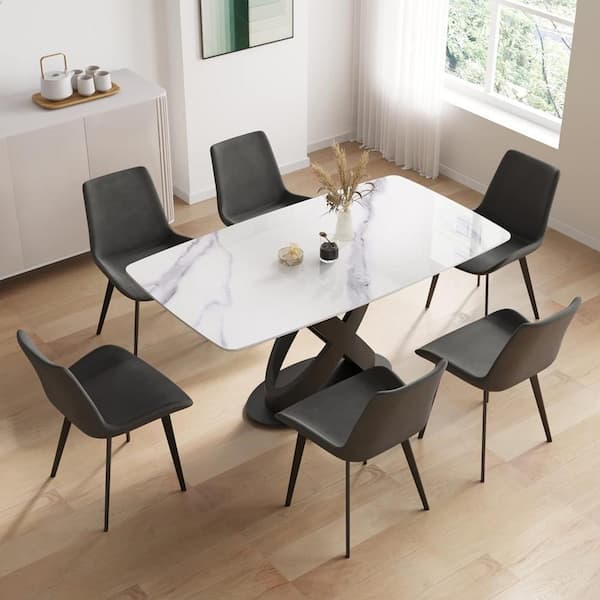 Magic Home 63 in. Arc Edge White Rectangle Tabletop Sintered Stone Dining Table with Black Pedestal Legs