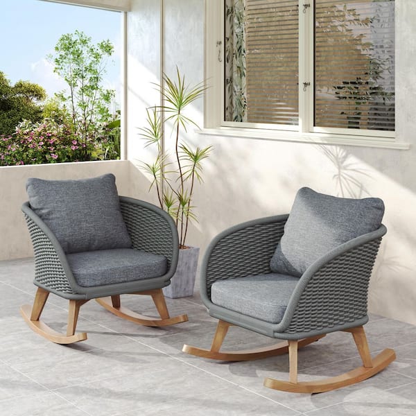 Sudzendf 2 Pieces Wicker Outdoor Rocking Chair with Gray