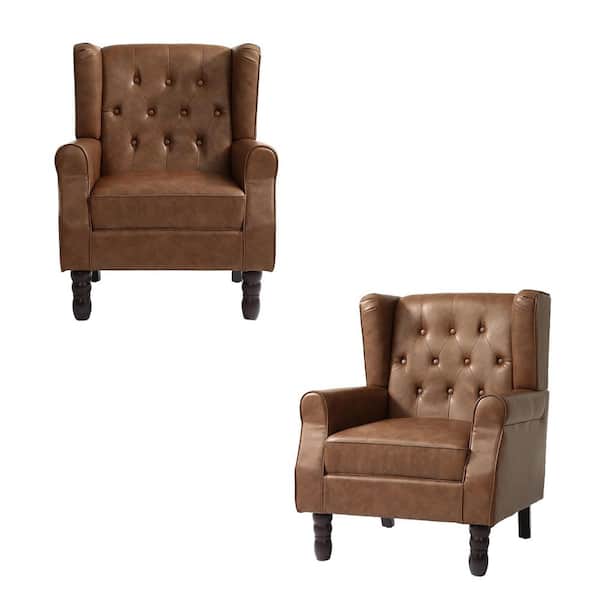 Brown PU Leather Button Tufted Design Accent Arm Chair (Set of 2)