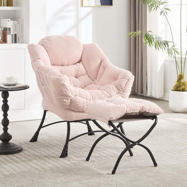 Unbranded Pink Cotton Modern Accent Arm Chair with Ottoman Soft Lazy Chair Upholstered Lounge Chair with a Side Pocket
