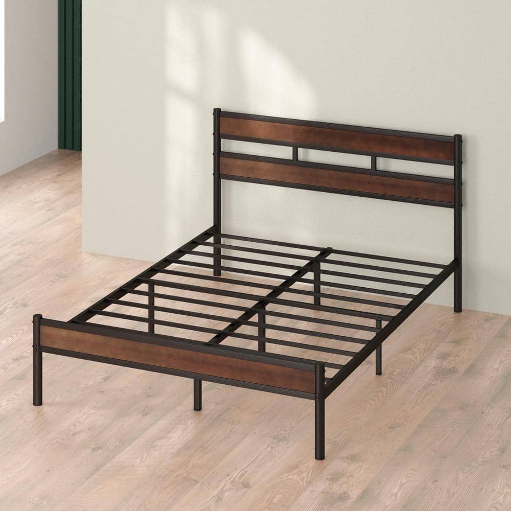 Queen Brown Bamboo and Black Metal Platform Bed Frame with Slatted Headboard