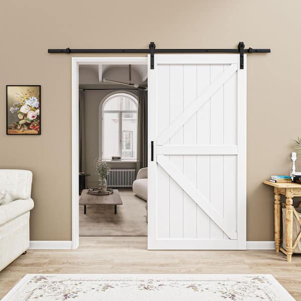 42 in. x 84 in. Paneled Off White Primed MDF British K Shape MDF Sliding Barn Door with Hardware Kit and Soft Close