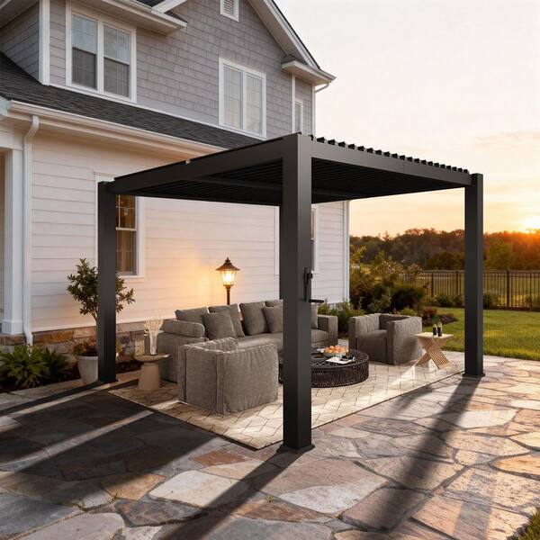 Sizzim 10 ft. x 10 ft. Black Metal Pergola with Adjustable