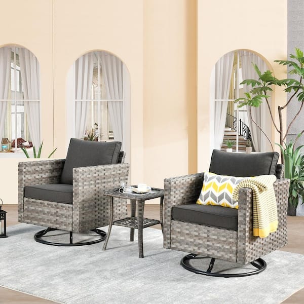 Isabella Gray 3-Piece Wicker Outdoor Rocking Chair Set with Black Cushions
