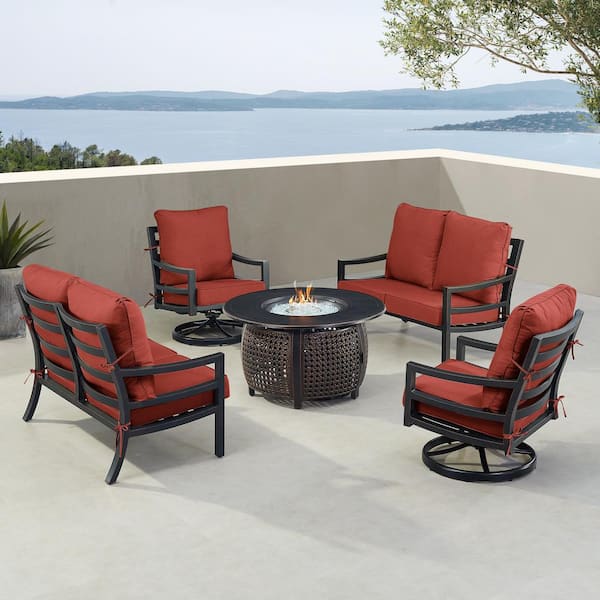 Oakland Living Black 7-Piece Aluminum Patio Fire Pit with 2-Deep Seating Loveseat and 2-Club Chairs Red Cushions