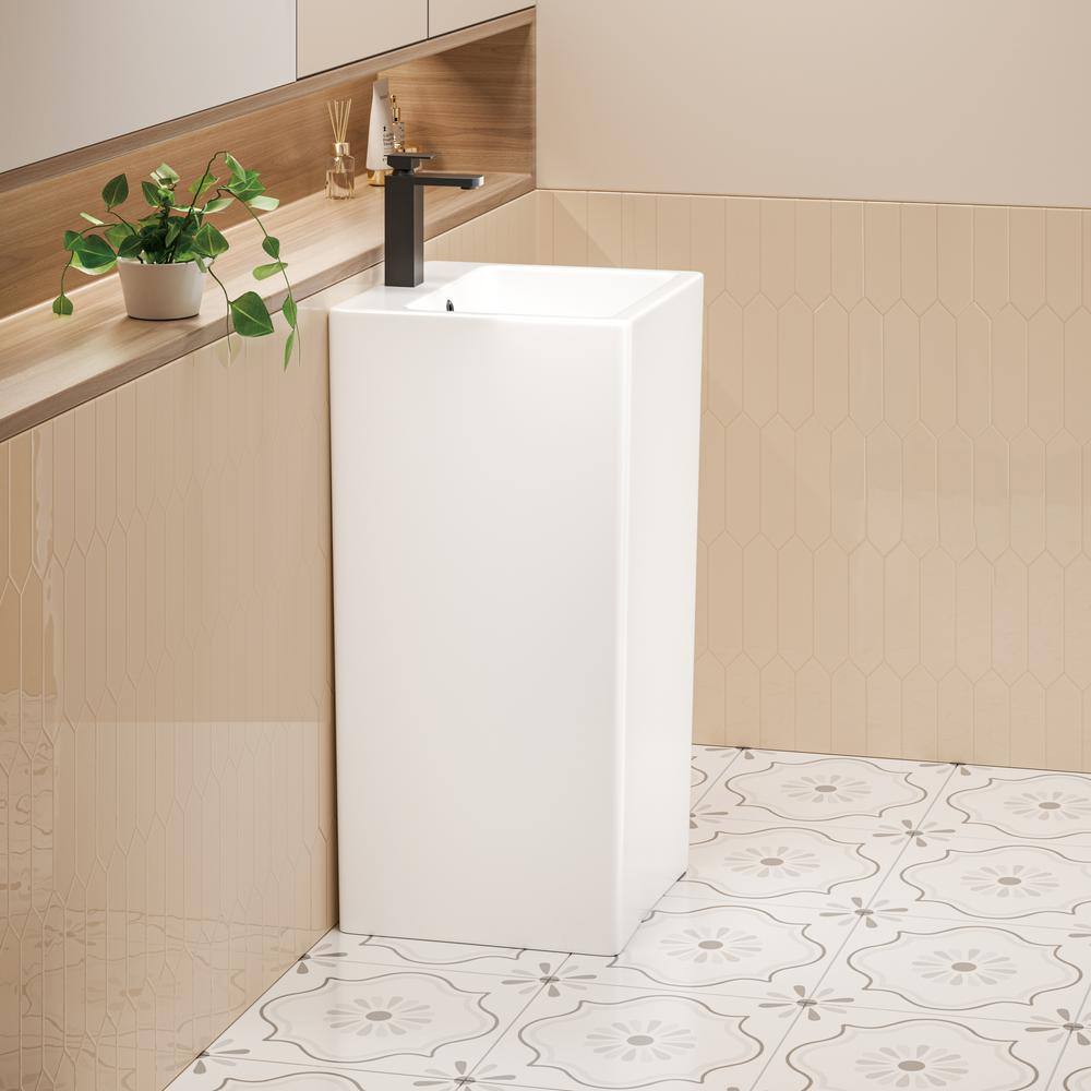 Glossy White Ceramic Square Pedestal Bathroom Sink