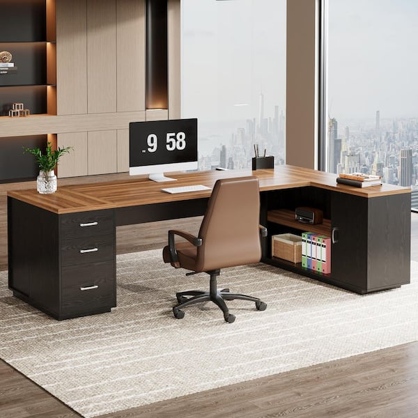 Capen Large L-Shaped Desk with Drawers, 86 in. Black and Dark Brown L Executive Desk Modern Manager Desk for Home Office