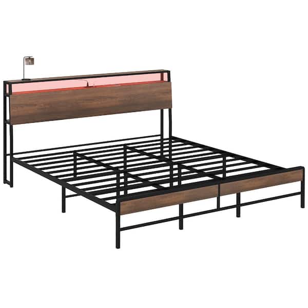 King Size Bed Frame with Headboard, Platform Bed Frame with LED Lights, Charging Station, 3-Tier Storage Shelf, Brown
