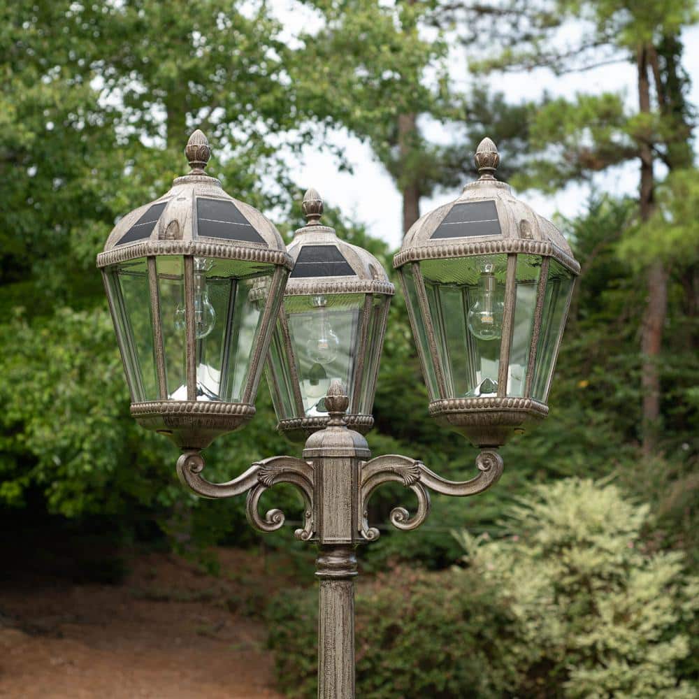 Weathered Bronze Triple Head Solar Lamp Post with LED Lights