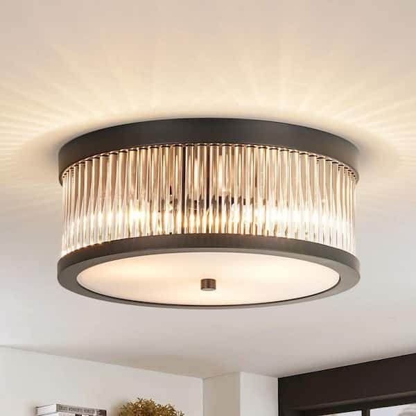 Madalyn 12.20 in. 3-Light Black Round Flush Mount Ceiling Light with Cylindrical Clear Glass Rods
