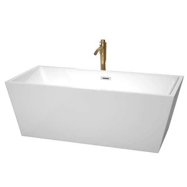 Wyndham Collection Sara 67 in. Acrylic Flatbottom Bathtub in White with Polished Chrome Trim and Brushed Gold Faucet