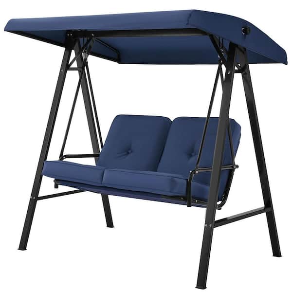 2-Person Metal Patio Swing with Canopy and Cushions in Blue