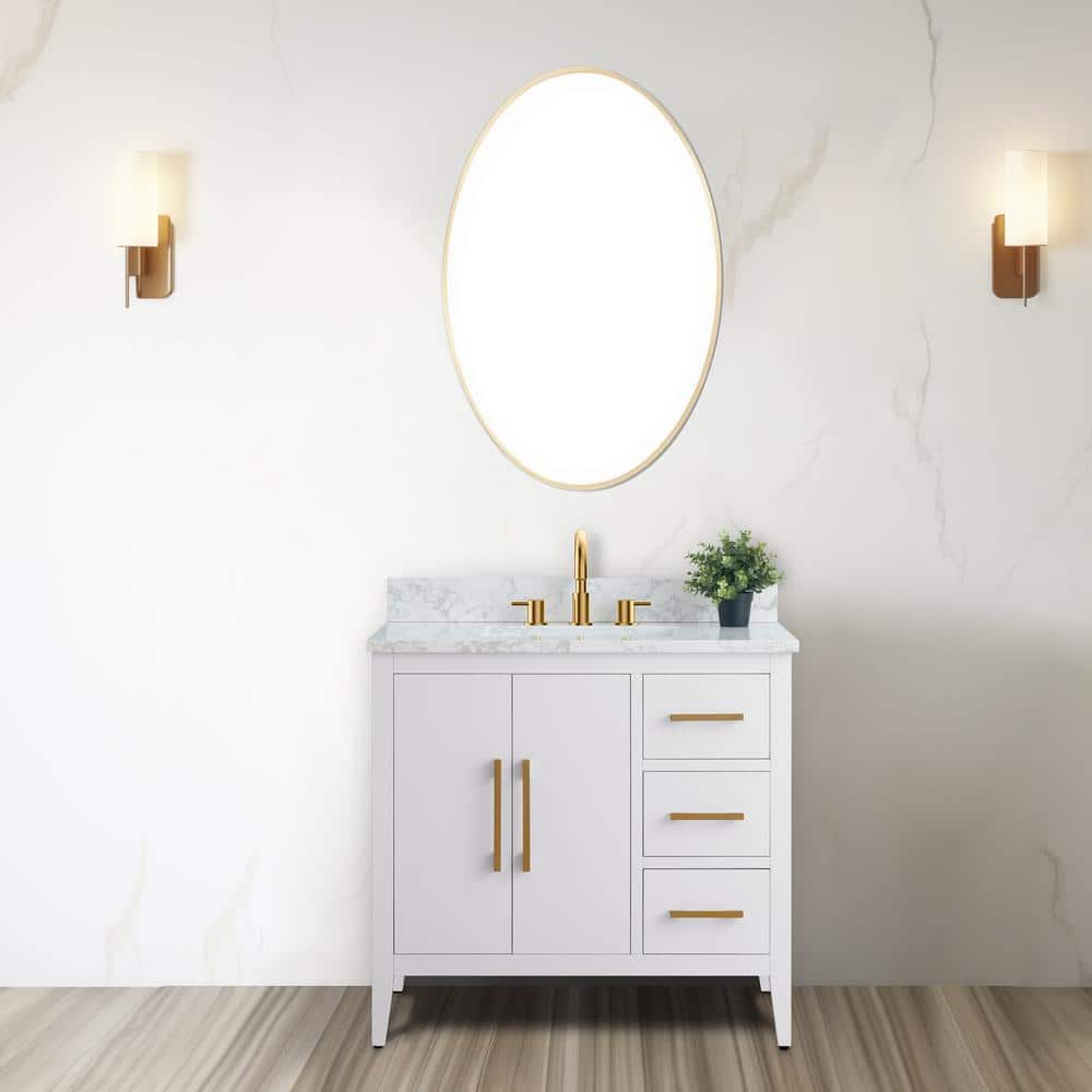 White and Gold 36" Single Bathroom Vanity with Ceramic Sink