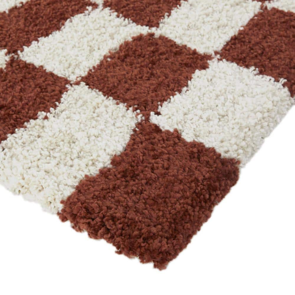 Rust and White Geometric Shag Area Rug for Kids 5'3" x 7'