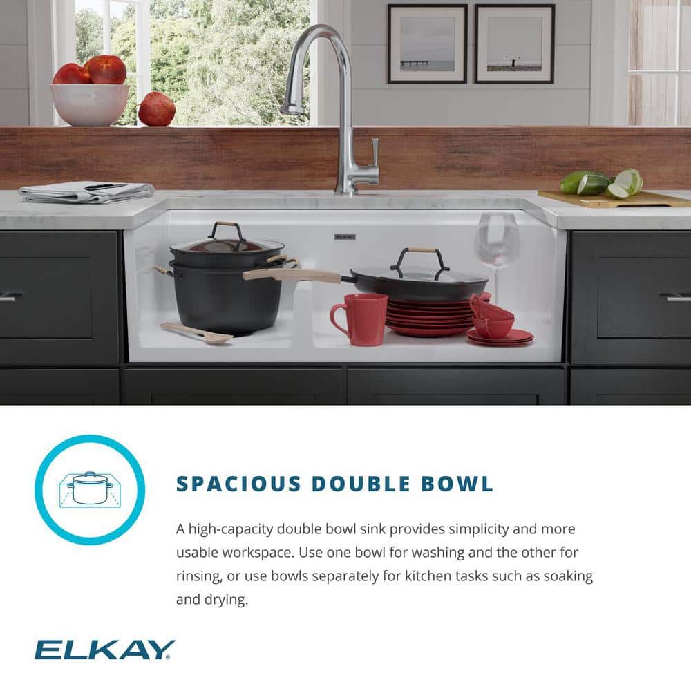33" White Fireclay Double Bowl Farmhouse Kitchen Sink